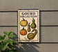A sign for a gourd collection, featuring illustrations of various gourds on a white background with a black border.