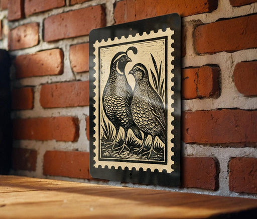 a black and white stamp-like artwork depicting two birds standing close together on a brick wall.