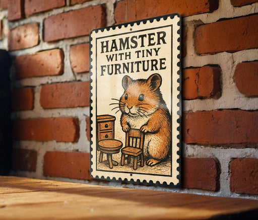 A sign featuring a hamster sitting on a chair, with the text "HAMSTER WITH TINY FURNITURE" displayed prominently.