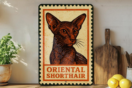 a framed illustration of an Oriental Shorthair cat, with the text "ORIENTAL SHORTHAIR" below the image.