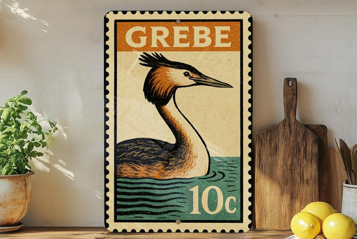 A vintage postage stamp featuring a bird, likely a crane, is displayed on a shelf next to a wooden cutting board and some lemons.