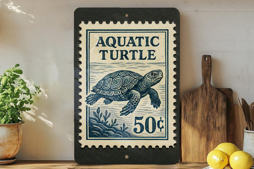 A framed image of a turtle on a shelf, with a price tag of 50 cents below it.