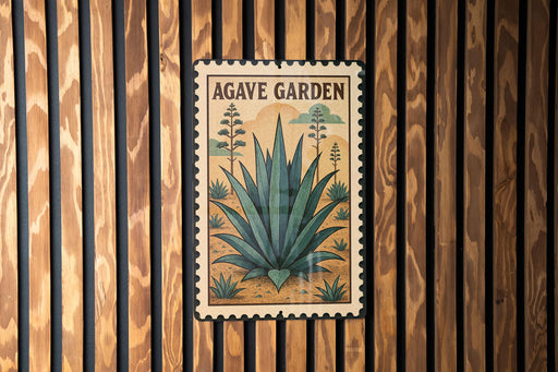 A framed image of an agave plant is displayed on a wooden wall.
