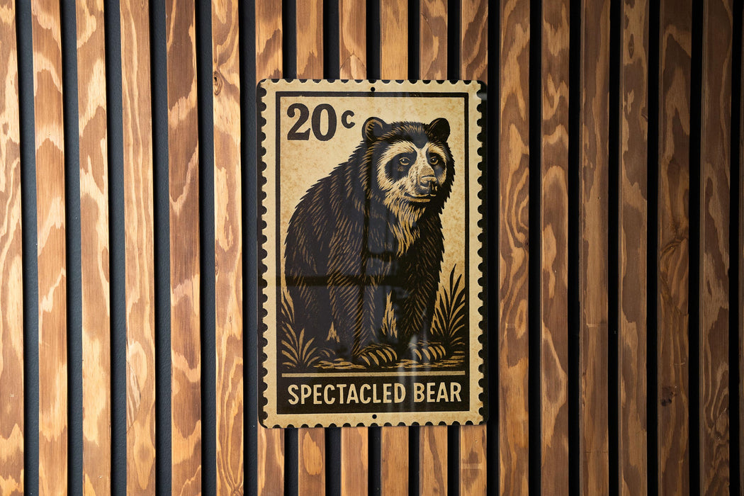 A 20-cent stamp featuring a spectacled bear on a wooden background.