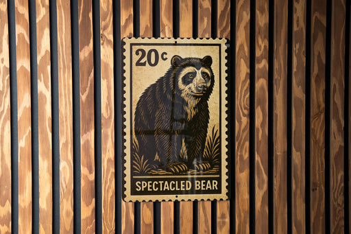 A 20-cent stamp featuring a spectacled bear on a wooden background.