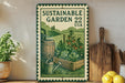A vintage-style metal sign with a garden illustration, featuring a wooden barrel, a wooden cutting board, and a potted plant, is displayed on a shelf with a lemon and a wooden board.