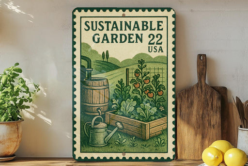 A vintage-style metal sign with a garden illustration, featuring a wooden barrel, a wooden cutting board, and a potted plant, is displayed on a shelf with a lemon and a wooden board.