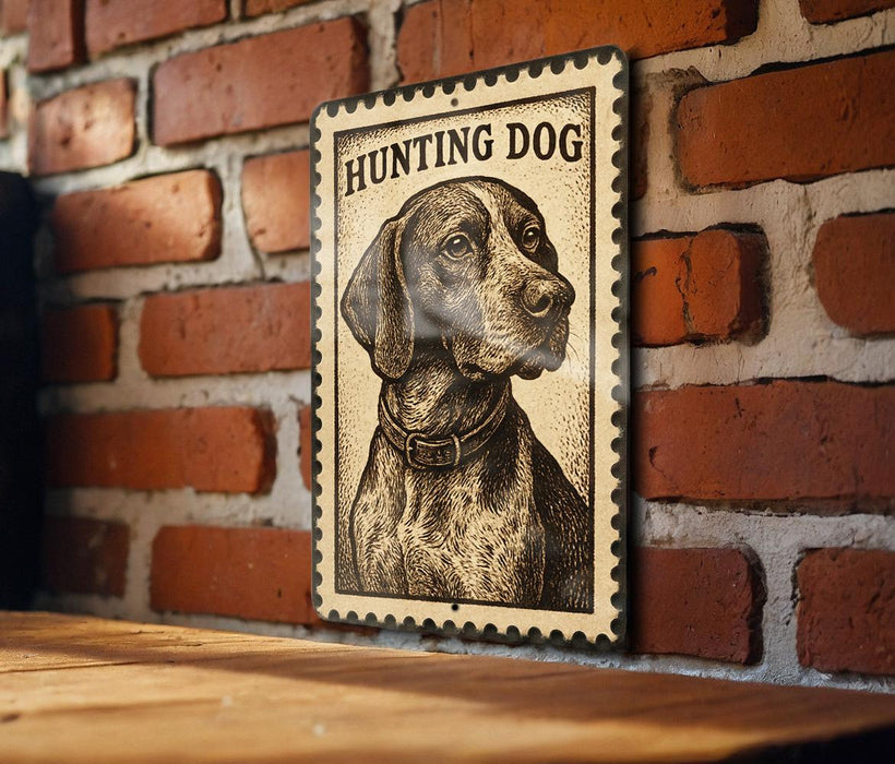 A framed image of a hunting dog is displayed on a brick wall.