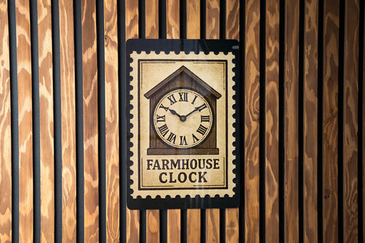 a clock with the words "FARMHOUSE CLOCK" written on it, mounted on a wooden wall.