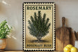 A vintage-style metal sign with a rosemary plant illustration, placed on a wooden shelf next to a wooden cutting board and a potted plant.