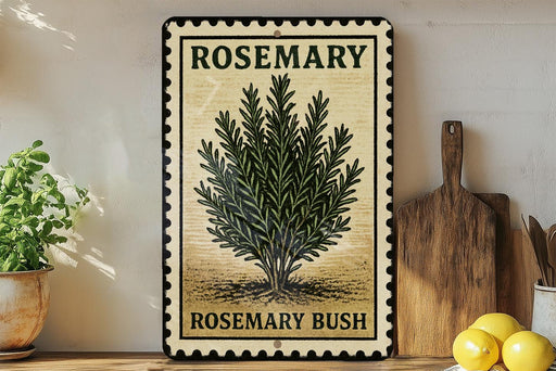 A vintage-style metal sign with a rosemary plant illustration, placed on a wooden shelf next to a wooden cutting board and a potted plant.