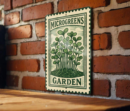 A metal sign with a green border and a drawing of a plant is mounted on a brick wall.