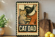 A vintage-style metal sign with a cartoon illustration of a man holding a cat, accompanied by the text "CAT DAD" in bold letters.