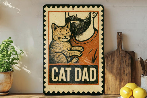A vintage-style metal sign with a cartoon illustration of a man holding a cat, accompanied by the text "CAT DAD" in bold letters.