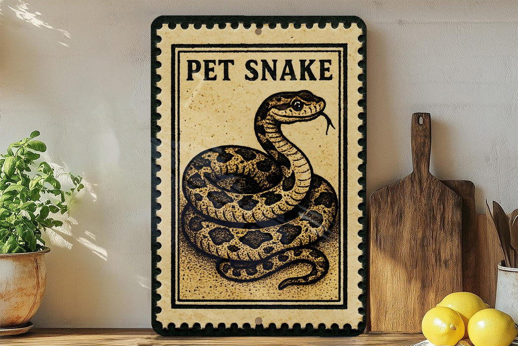 A framed image of a pet snake is displayed on a shelf, accompanied by a wooden cutting board, a potted plant, and some lemons.