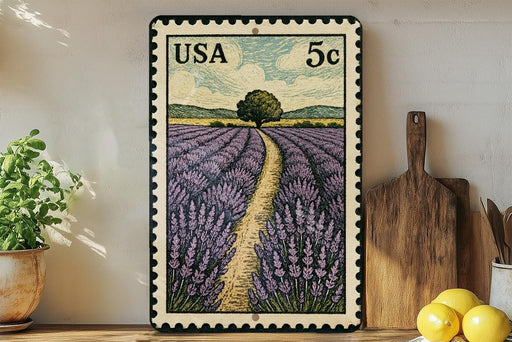 A framed illustration of a lavender field with a path leading through it, displayed on a shelf next to a wooden cutting board and a potted plant.