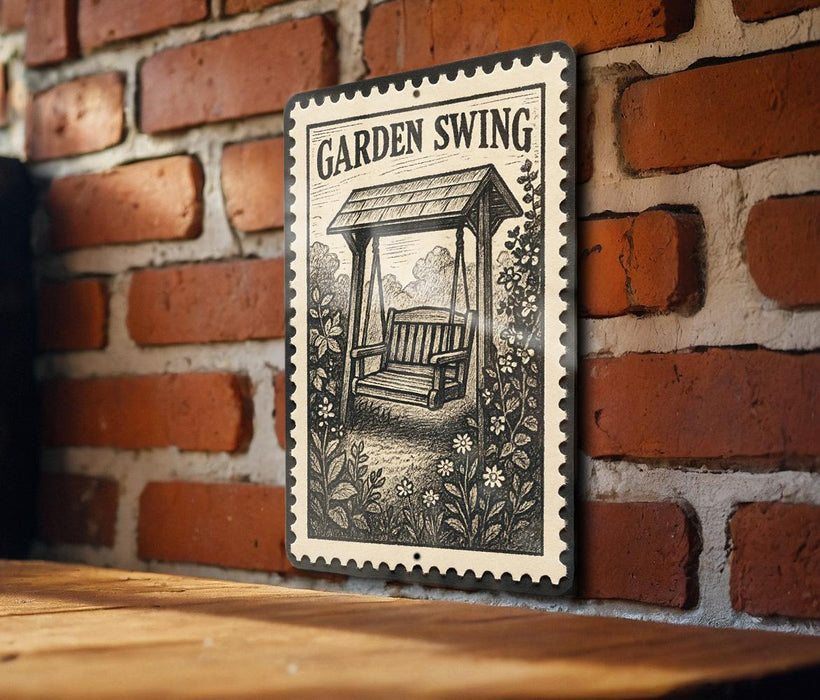 A metal sign with a garden swing illustration is mounted on a brick wall.
