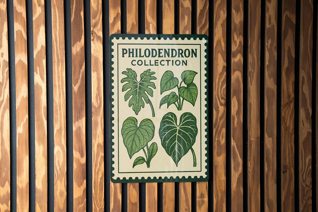 a poster with illustrations of various leaves and plants, mounted on a wooden wall.