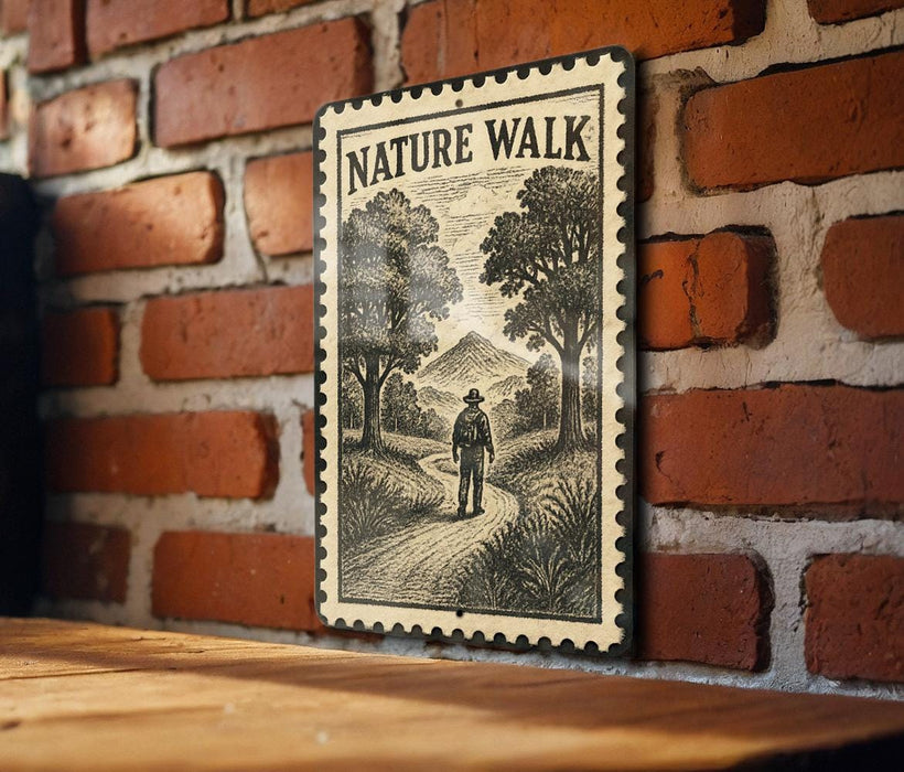 A vintage-style metal sign with the text "NATURE WALK" is mounted on a brick wall, featuring an illustration of a person walking on a path through a natural landscape.
