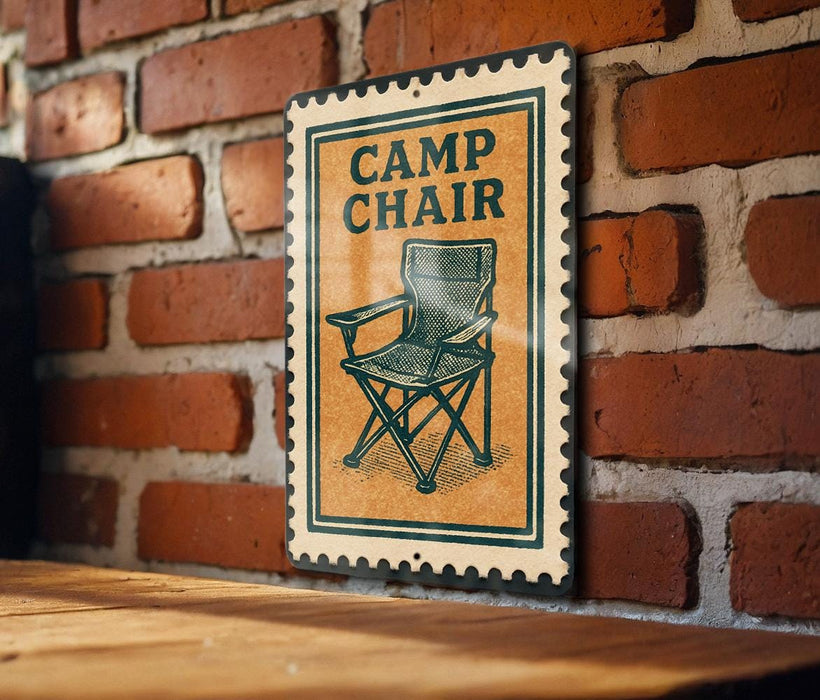 A metal sign with a picture of a folding chair is mounted on a brick wall.