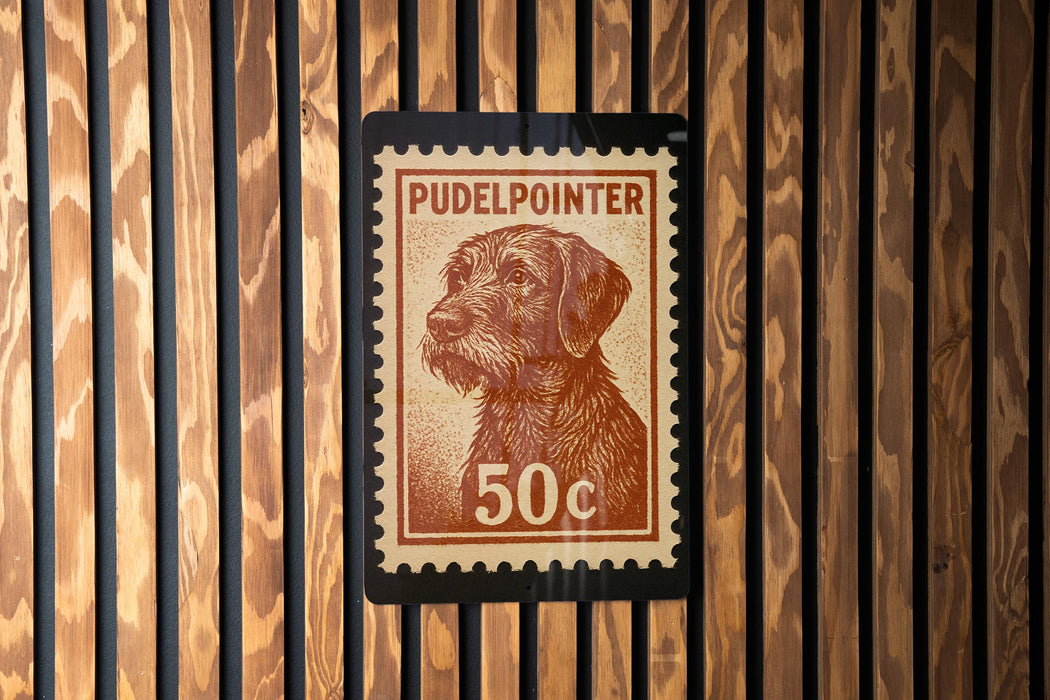 A wooden wall with a brown wooden slat pattern. On the wall, there is a brown and white postage stamp featuring a dog's head.