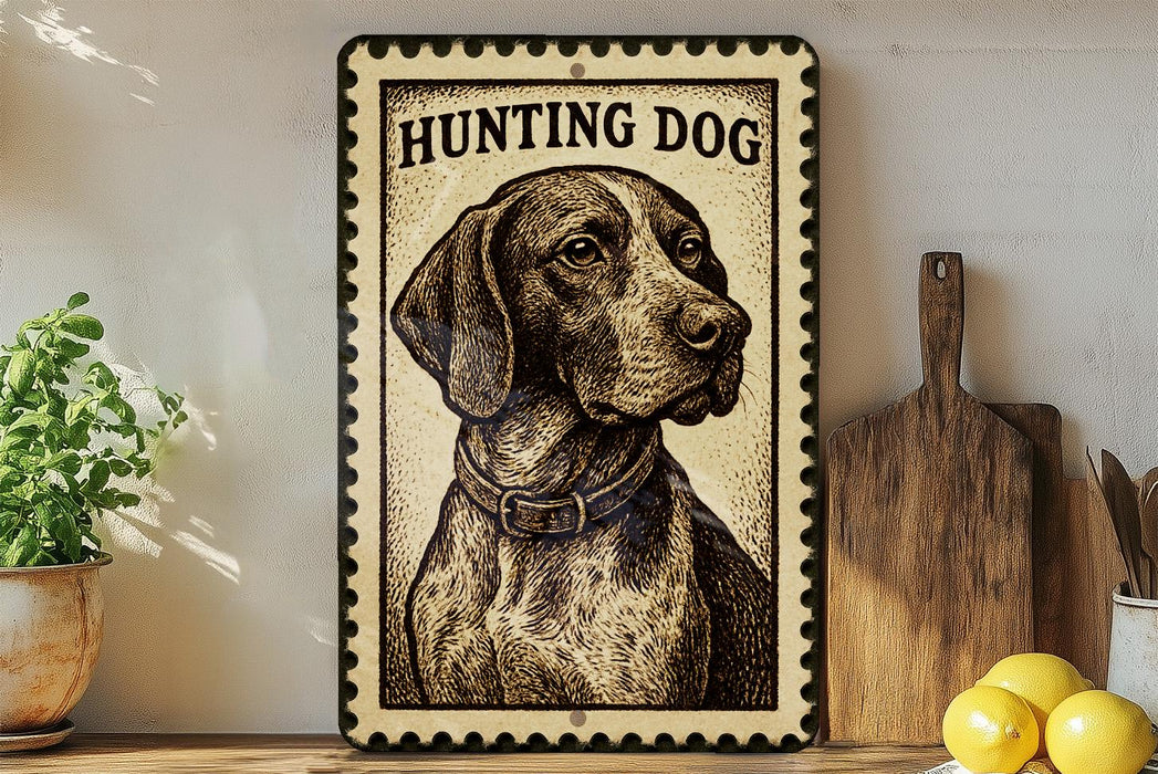 A framed illustration of a hunting dog is displayed on a shelf, accompanied by a wooden cutting board and a potted plant.
