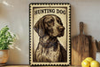 A framed illustration of a hunting dog is displayed on a shelf, accompanied by a wooden cutting board and a potted plant.