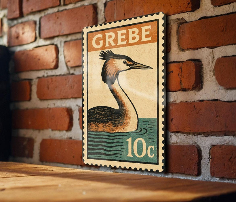 A vintage postage stamp featuring a bird, likely a crane, is displayed on a brick wall.