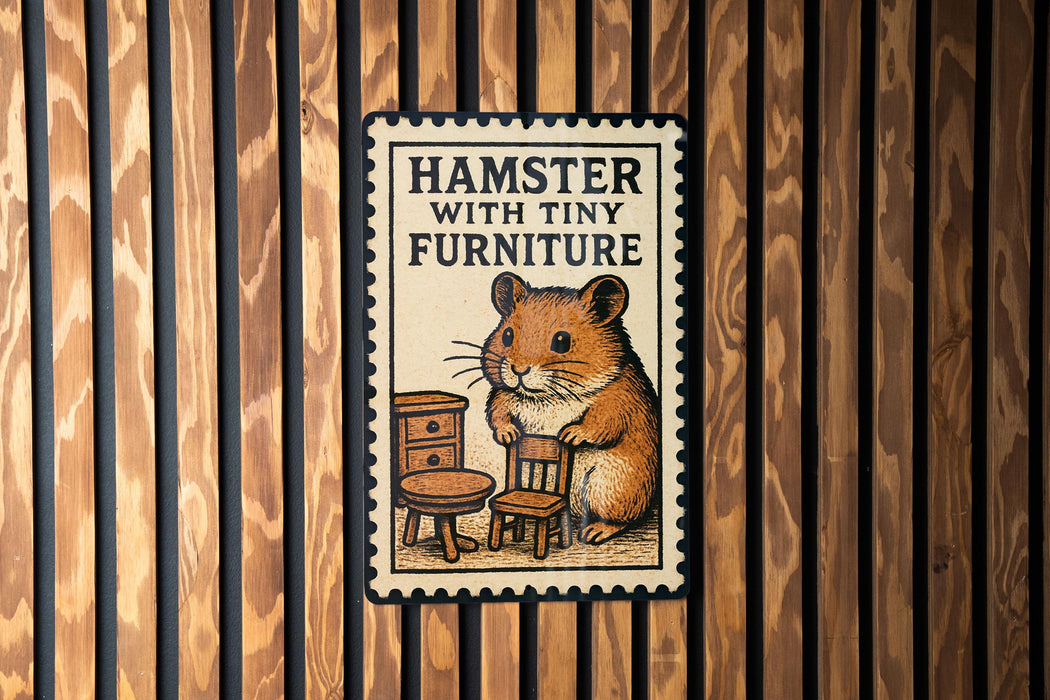 A sign with a hamster sitting on a chair, surrounded by a wooden background.