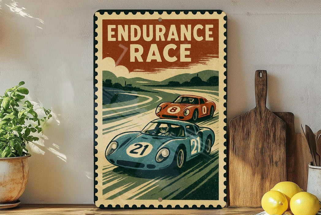 a vintage-style metal sign with a racing theme, depicting two race cars on a track. The sign is placed on a shelf next to a wooden cutting board and some lemons.