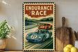 a vintage-style metal sign with a racing theme, depicting two race cars on a track. The sign is placed on a shelf next to a wooden cutting board and some lemons.