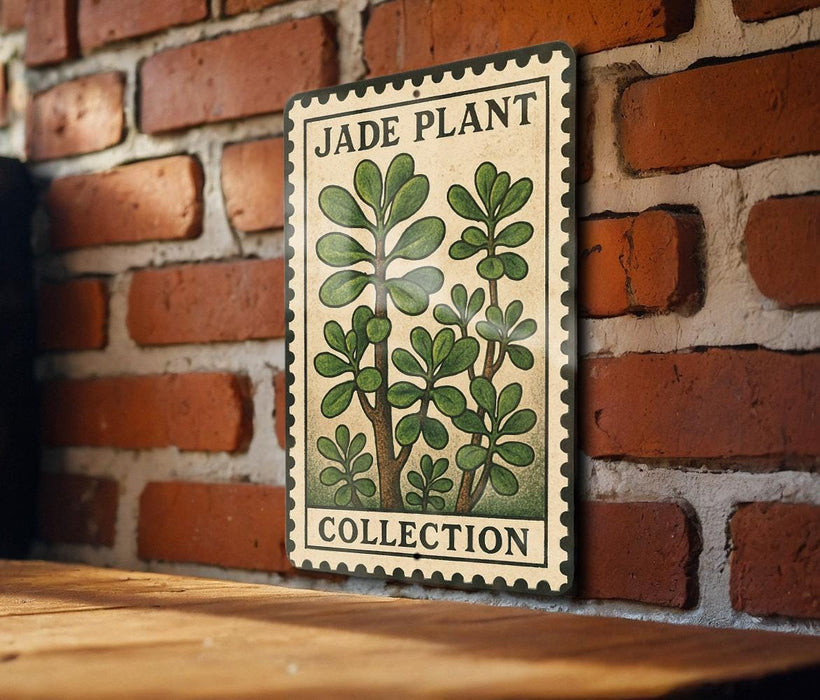 A vintage-style stamp featuring a jade plant illustration is displayed on a brick wall, with the word "JADE PLANT" and "COLLECTION" printed on it.