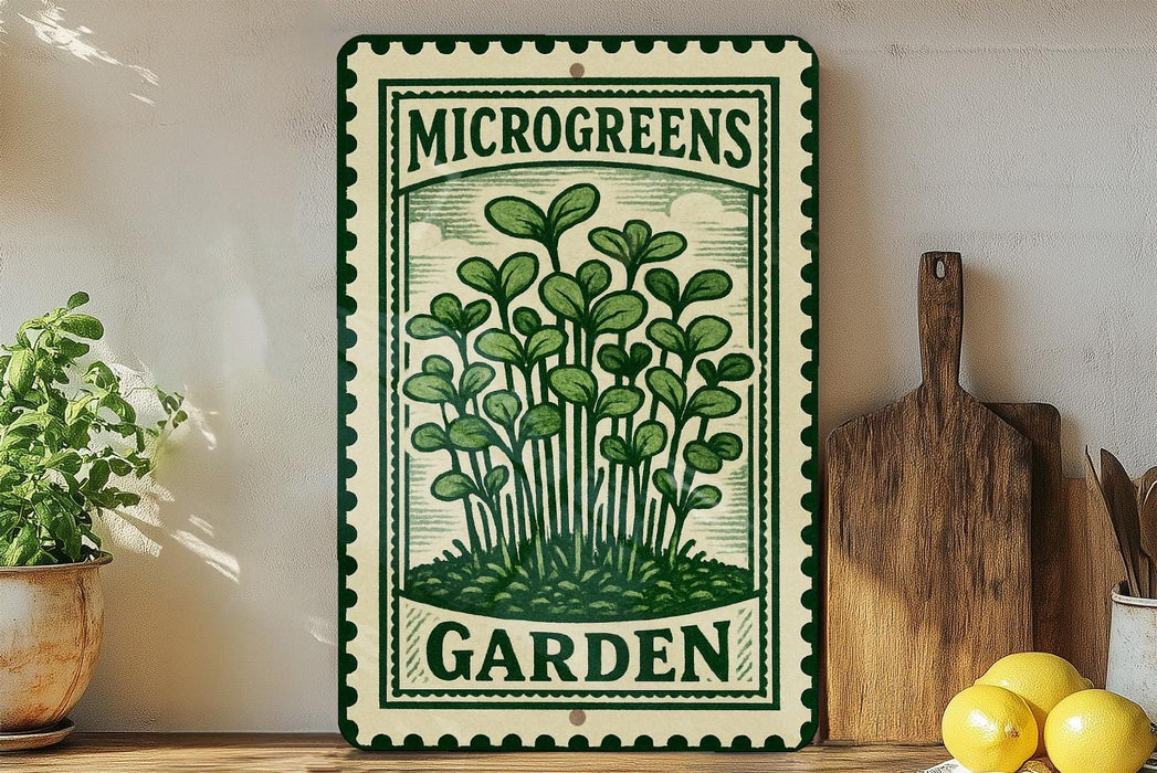 a sign for a "Microgreens Garden" with a green and white design, placed on a wooden shelf next to a potted plant and a cutting board.