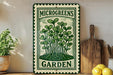a sign for a "Microgreens Garden" with a green and white design, placed on a wooden shelf next to a potted plant and a cutting board.