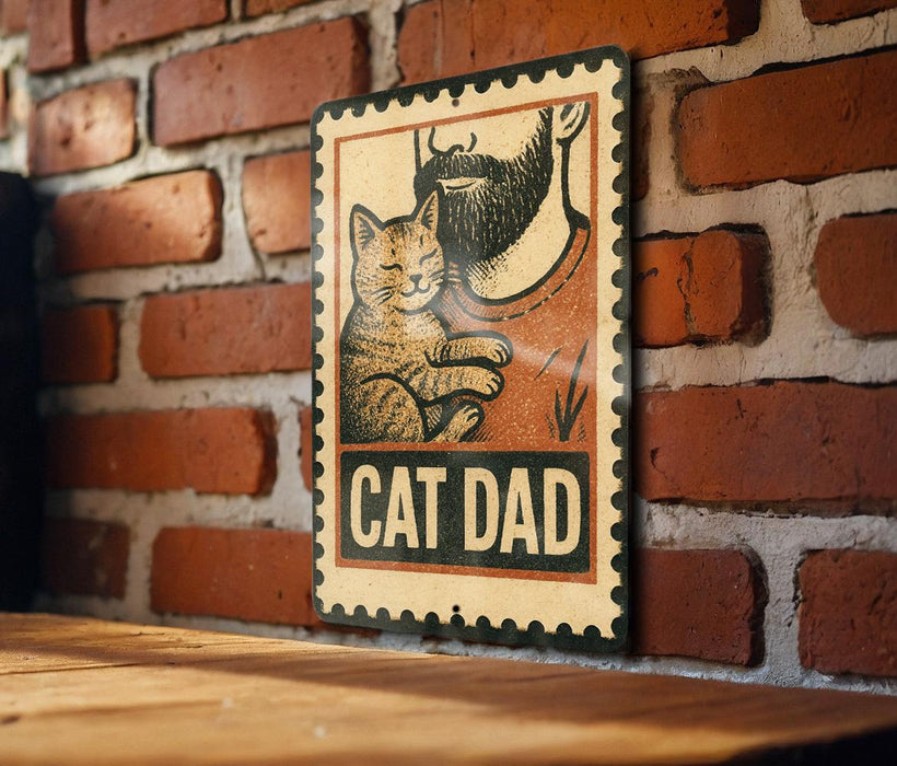A sign with a cat and a man's face, mounted on a brick wall.