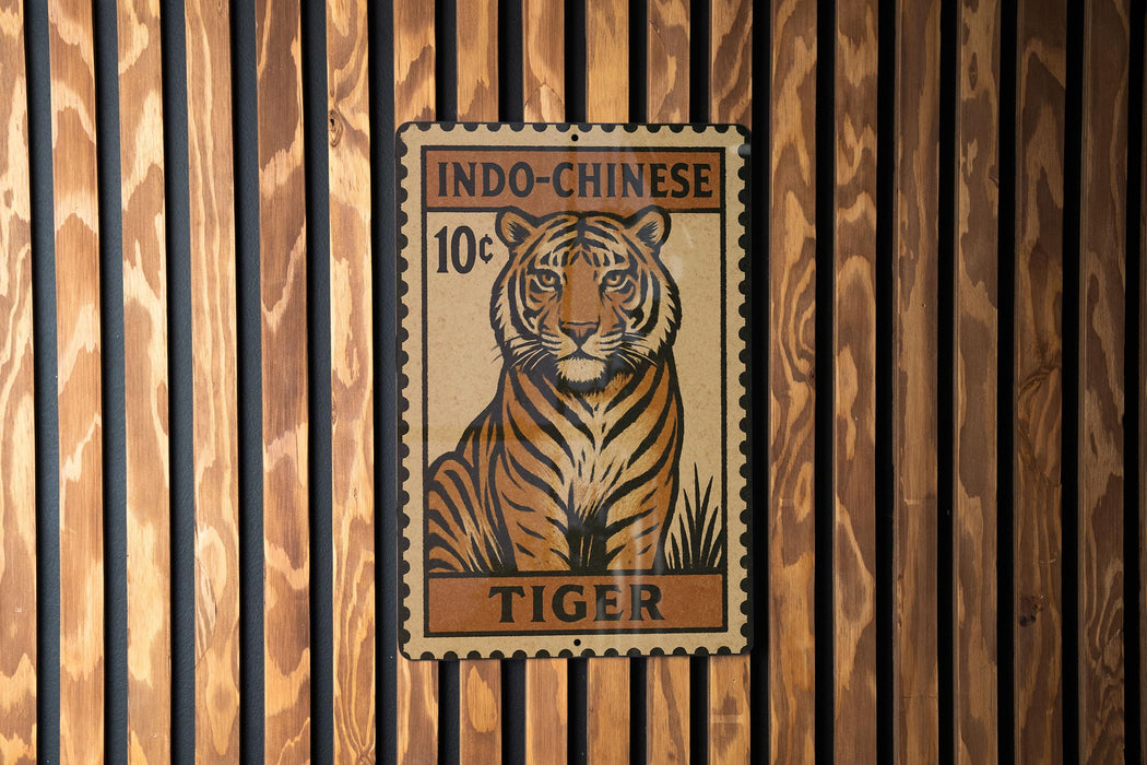 A vintage-style stamp featuring a tiger on a wooden background.
