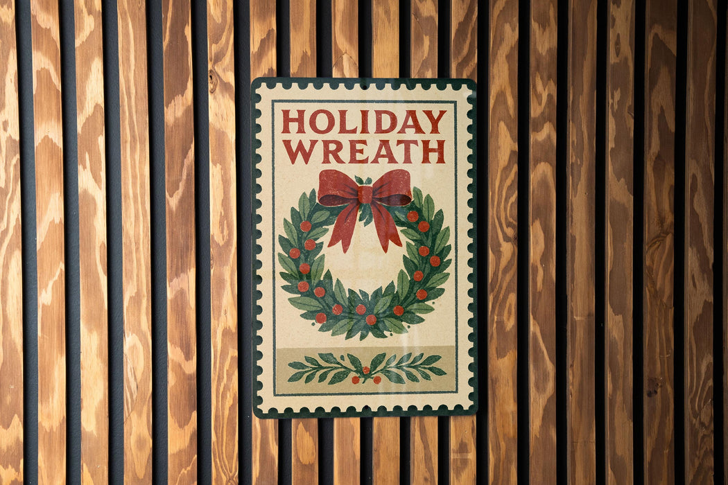 A vintage-style holiday wreath with a red ribbon and greenery is displayed on a wooden wall.