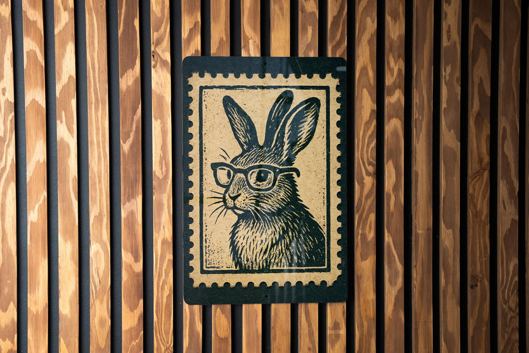 A wooden wall with a framed image of a rabbit wearing glasses.
