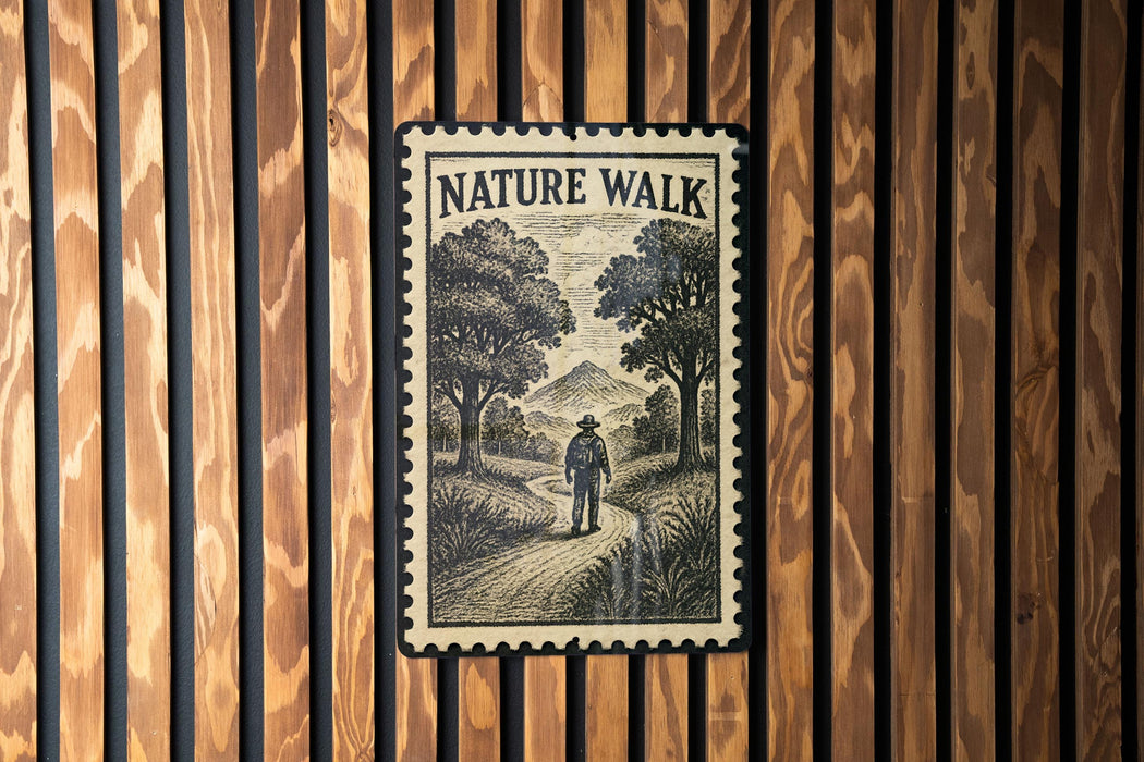 A vintage-style postage stamp featuring a person walking on a path through a wooded area, with the text "NATURE WALK" prominently displayed.