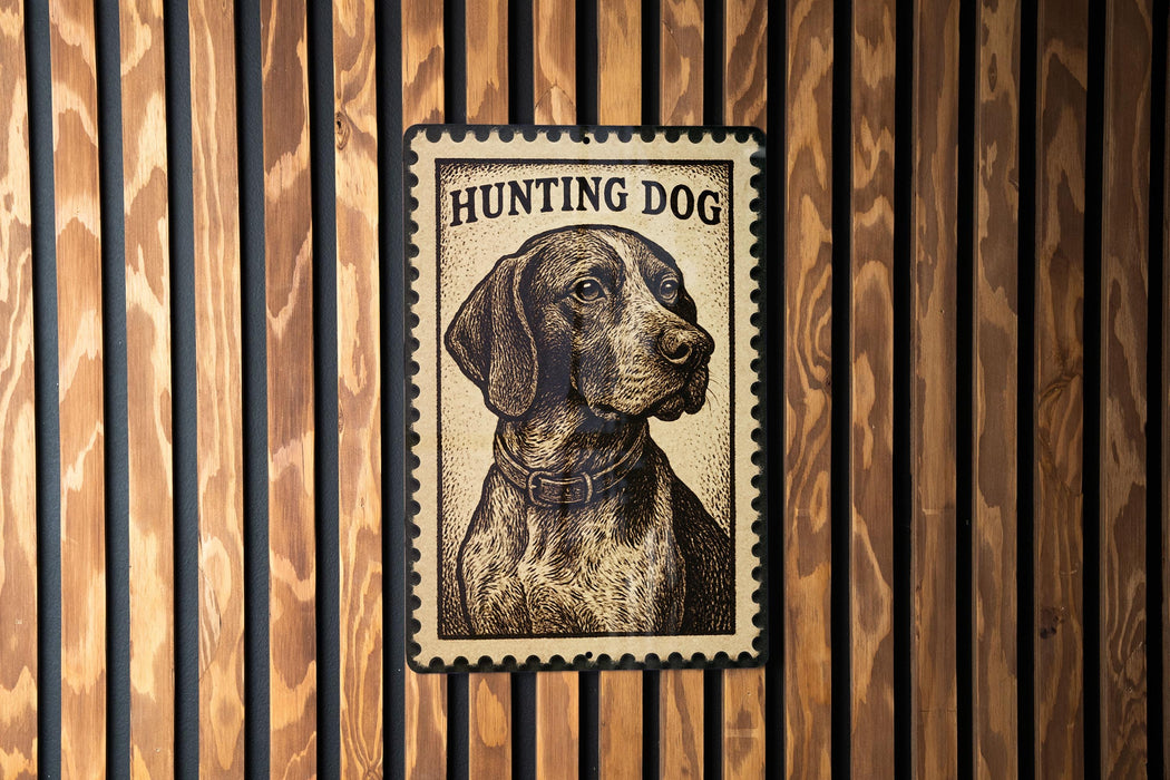 A metal sign with a dog illustration and the text "HUNTING DOG" is displayed on a wooden wall.