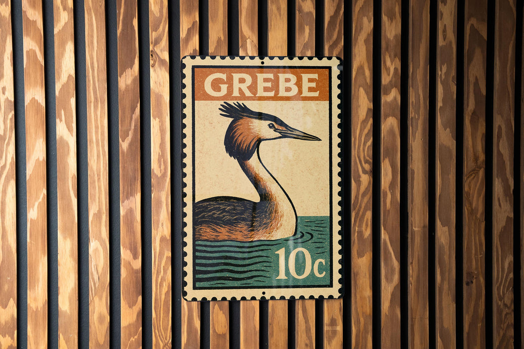 A postage stamp featuring a bird, likely a crane, is displayed on a wooden wall.