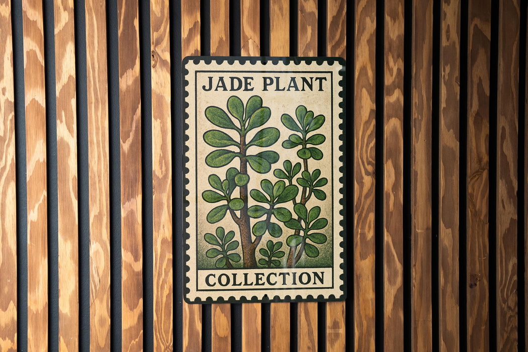 A jade plant stamp is displayed on a wooden wall, with the text "JADE PLANT COLLECTION" printed on it.