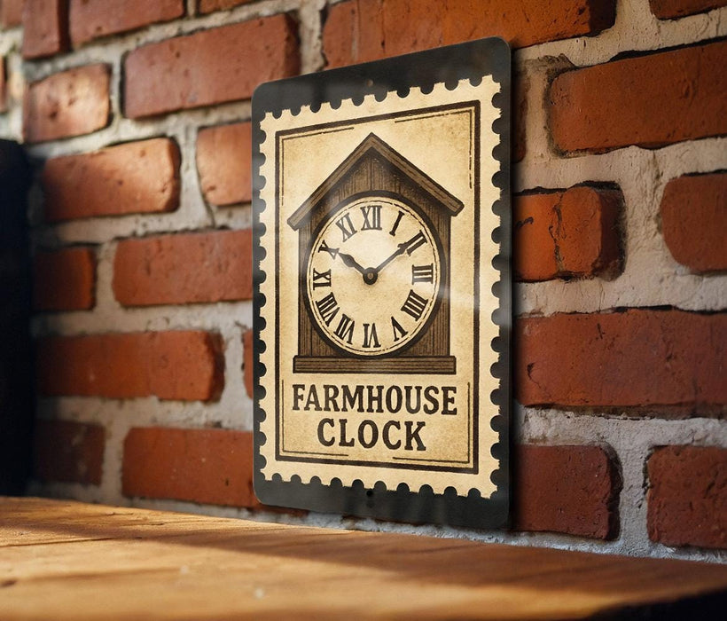 A rustic-style clock with a wooden frame and Roman numerals is mounted on a brick wall.