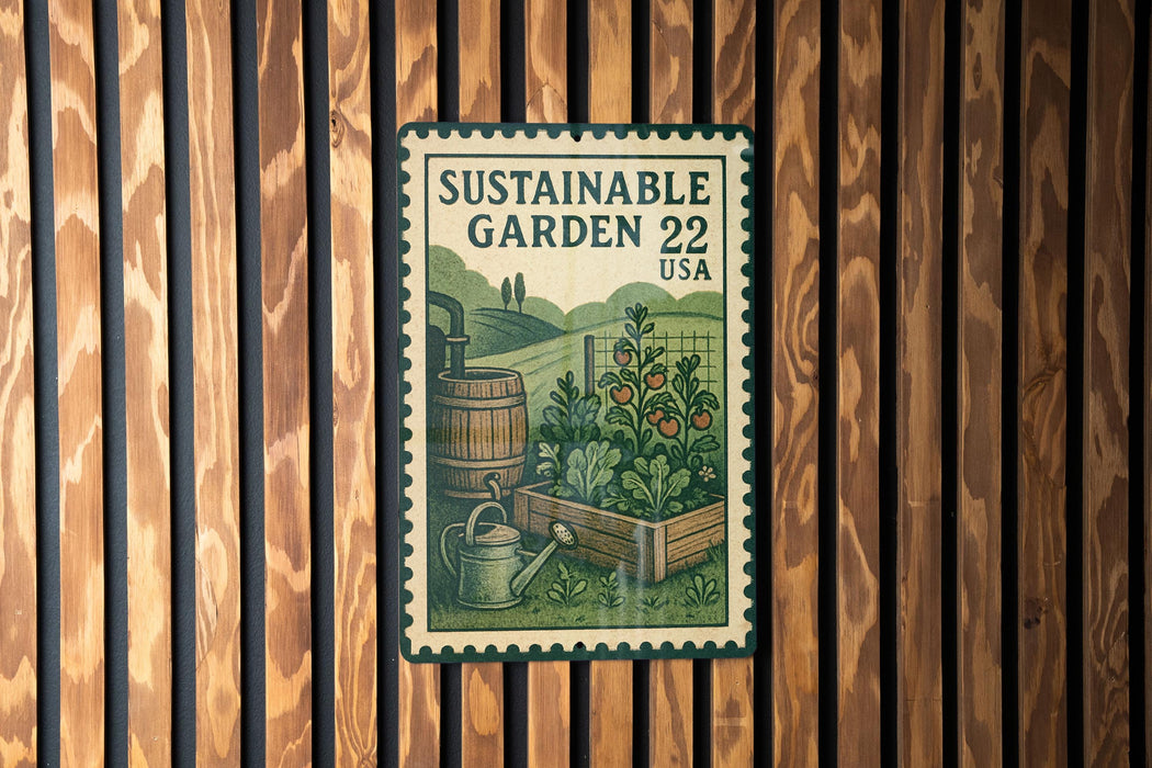 A vintage-style postage stamp featuring a garden scene with a watering can and a wooden barrel, mounted on a wooden wall.