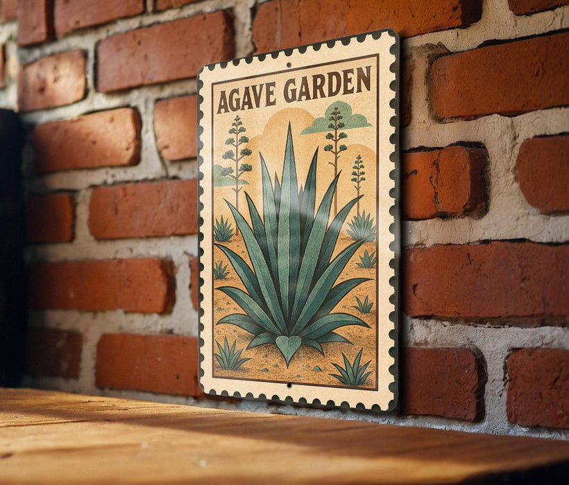 A vintage-style sign for the "Agave Garden" is displayed on a brick wall, featuring an illustration of an agave plant.