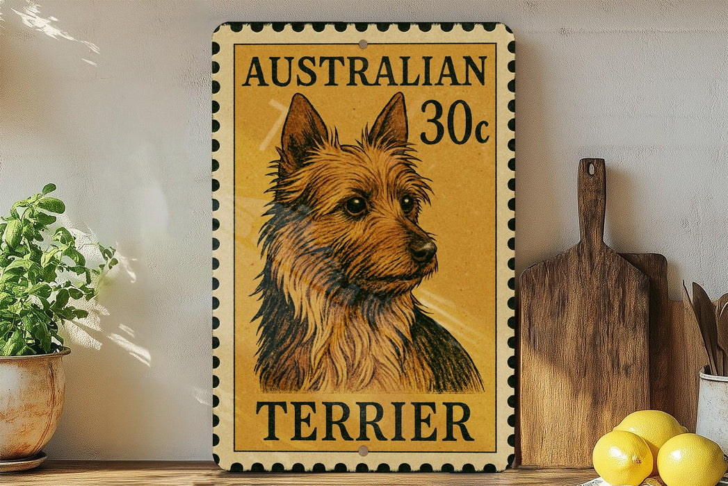 a vintage Australian terrier stamp with a wooden cutting board and lemons in the background.