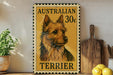 a vintage Australian terrier stamp with a wooden cutting board and lemons in the background.