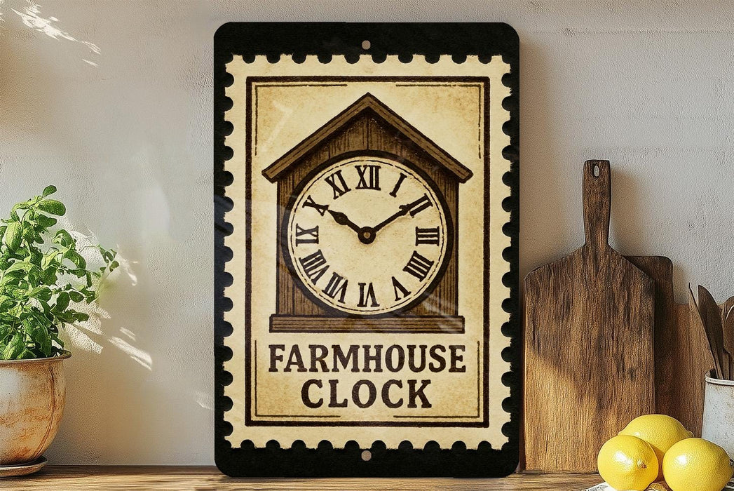 a vintage-style clock with a wooden frame, placed on a shelf next to a wooden cutting board and some lemons.