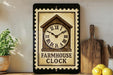 a vintage-style clock with a wooden frame, placed on a shelf next to a wooden cutting board and some lemons.