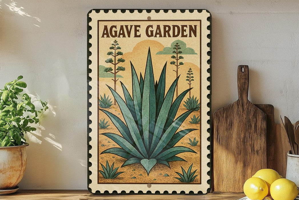 a framed illustration of an agave plant, with the text "AGAVE GARDEN" prominently displayed. The frame is placed on a wooden surface, with a potted plant to the left and a wooden cutting board to the right.